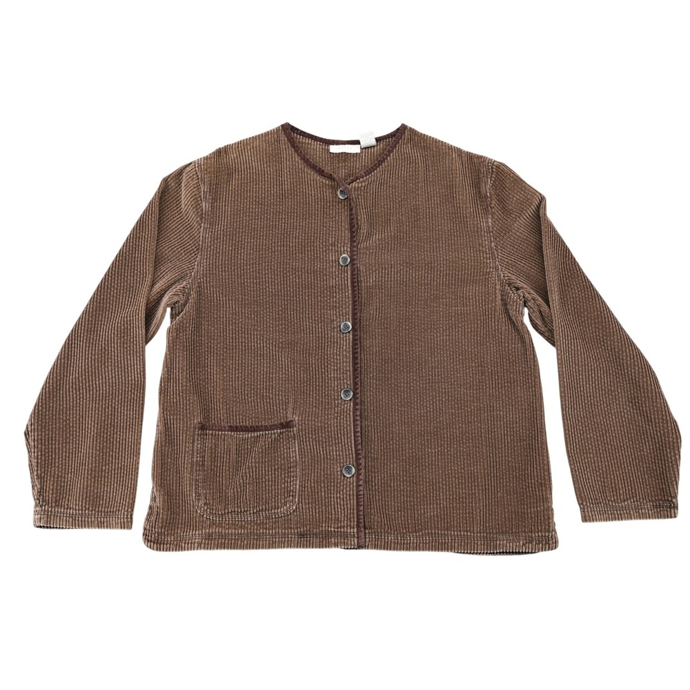 Cabincore Corduroy J. Jill Brown Collarless Velvet Trim Button Front Jacket S